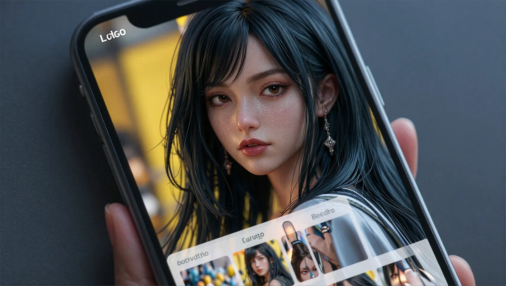 A phone held in front of a screen of profile thumbnails, representing a free AI girlfriend app