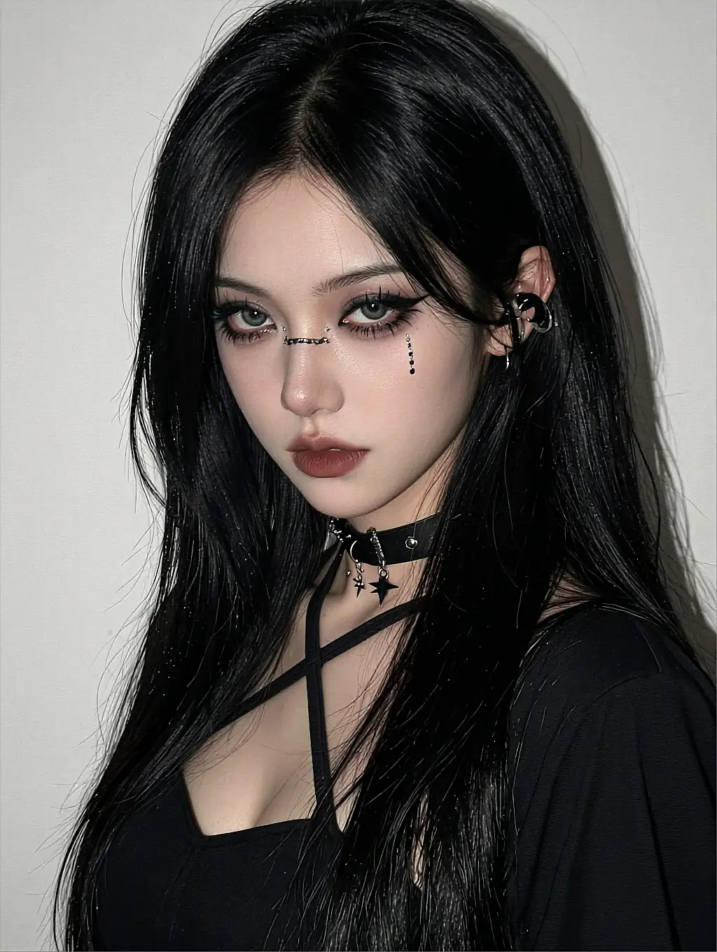 Fictional AI companion with long black hair and a choker, lit by a pale studio wall