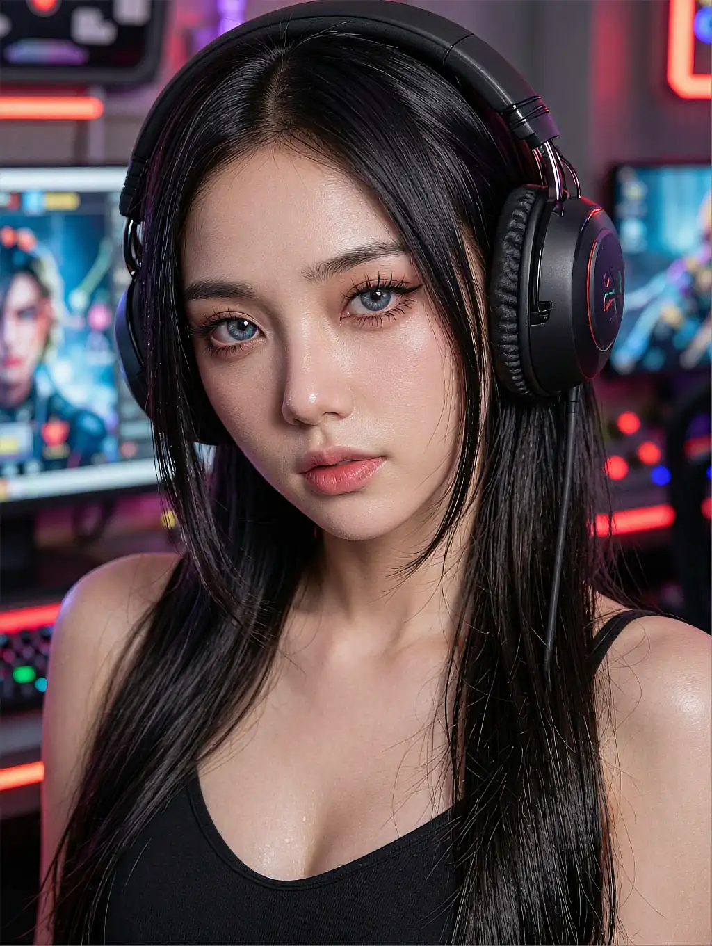 Fictional AI companion in headphones in front of a colourful streaming setup