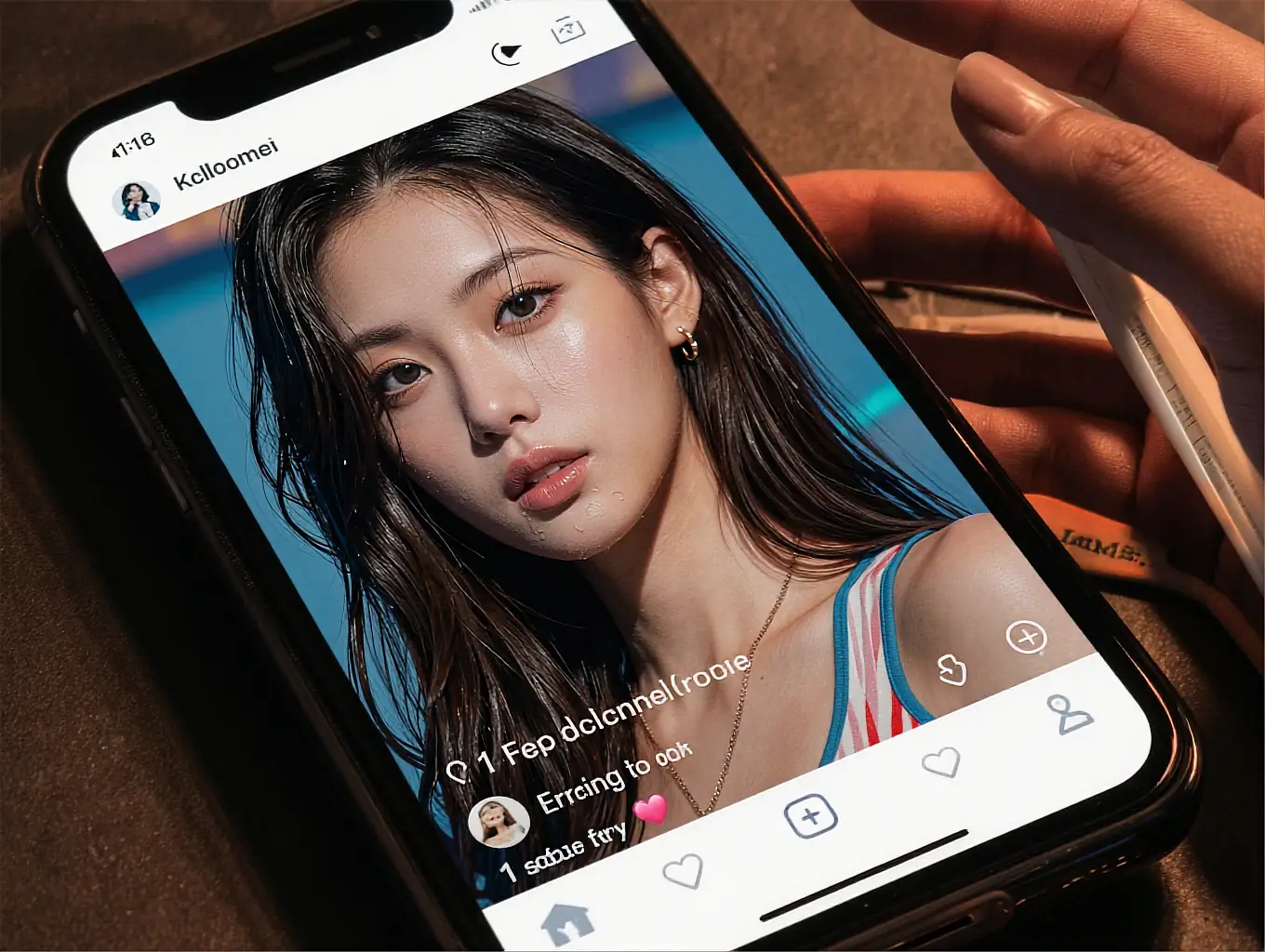 A hand holding a phone that displays a fictional AI companion's profile photo