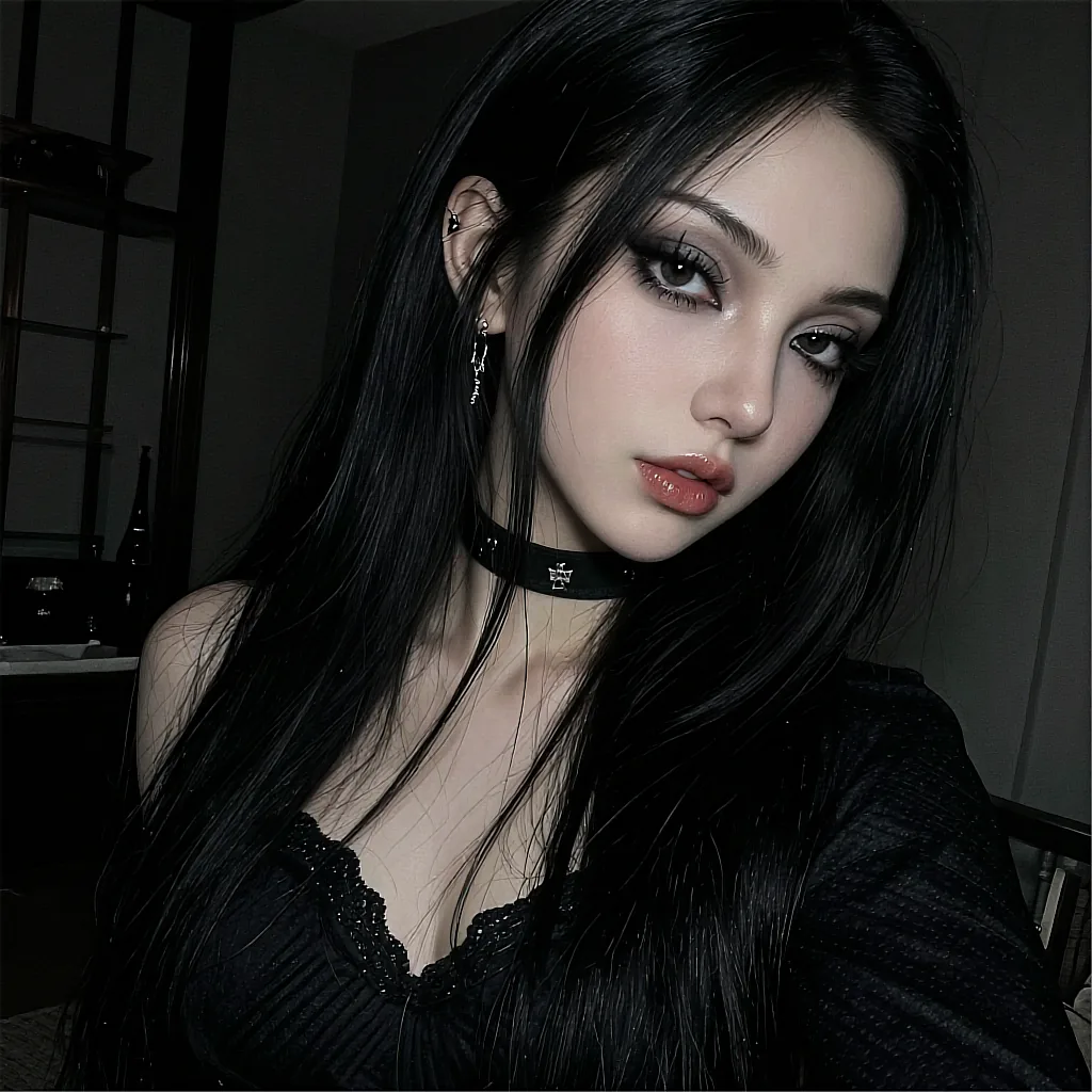 Fictional AI companion with pale make-up and a black choker photographed indoors