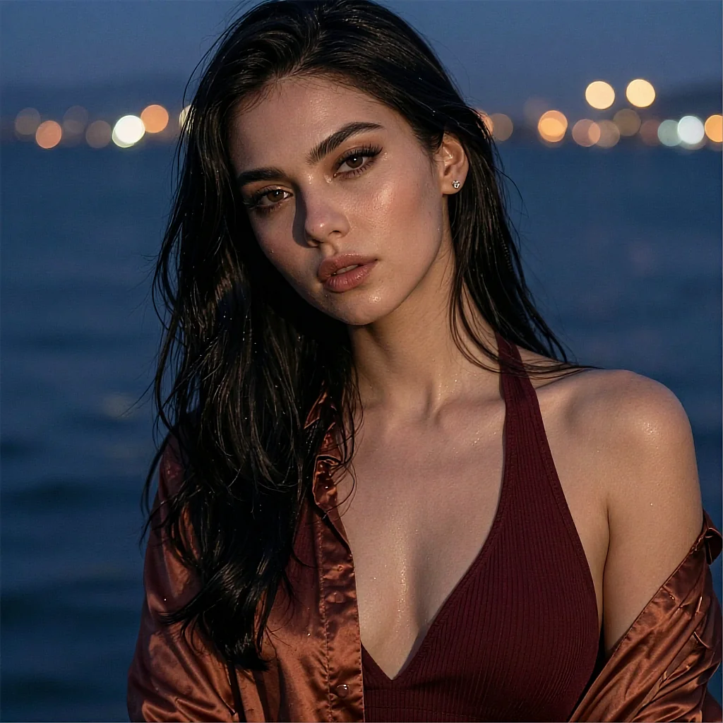 Fictional AI companion Ivy, dark hair and a red top, photographed by the water at dusk