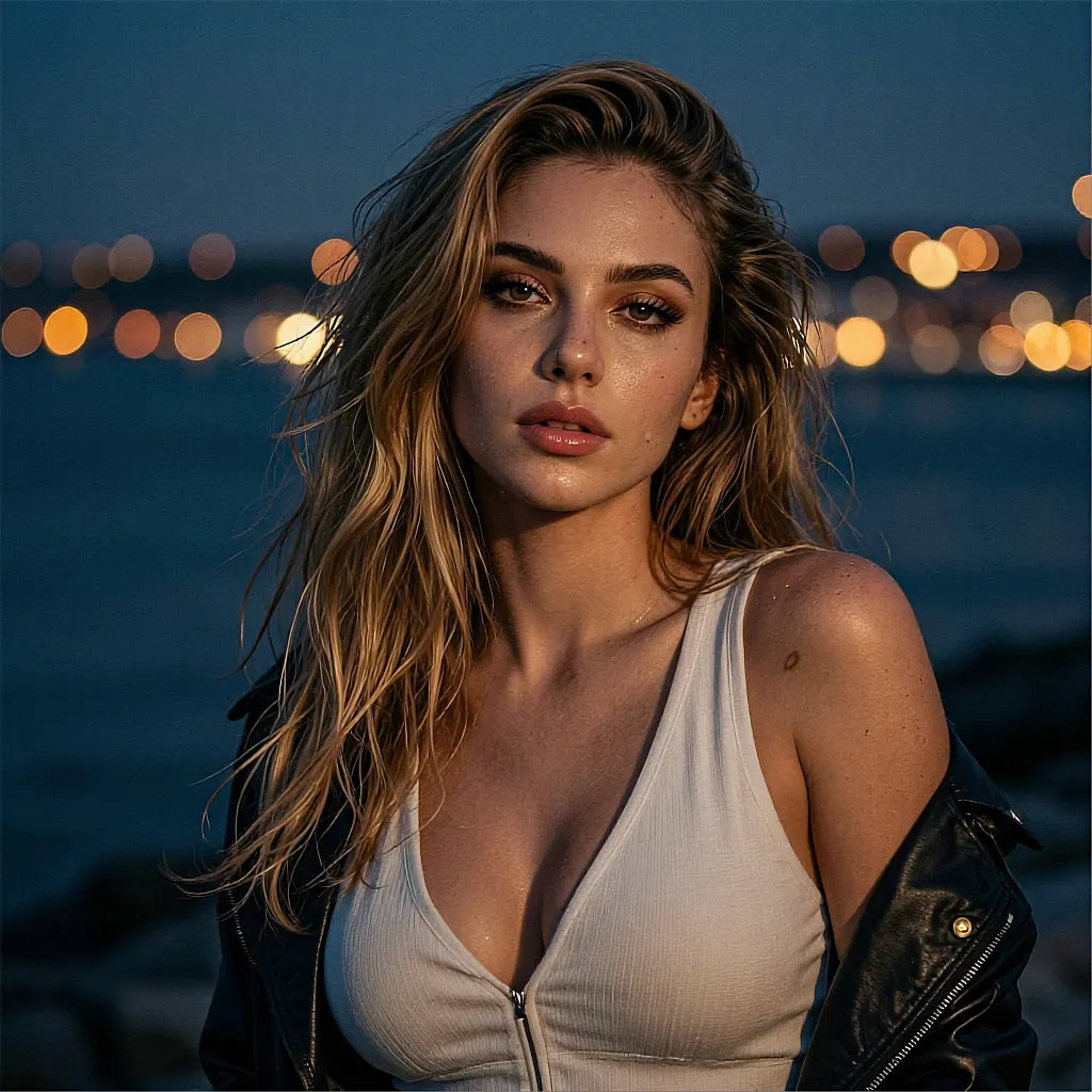 Fictional AI companion Sable in a white top against a night skyline